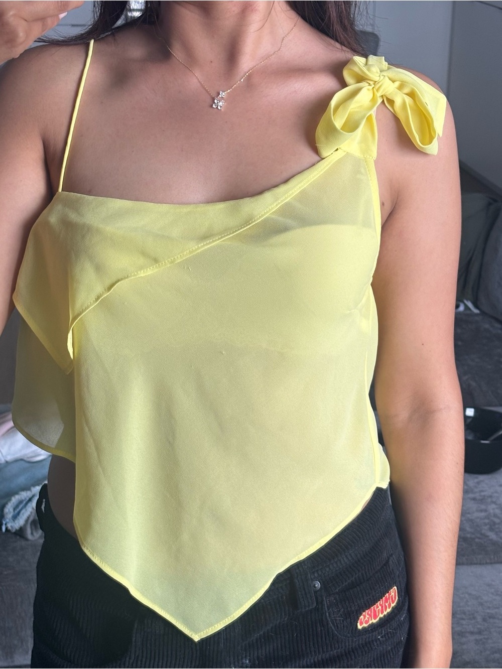 Sleeveless Yellow Tie-Strap Handkerchief Hem Camisole